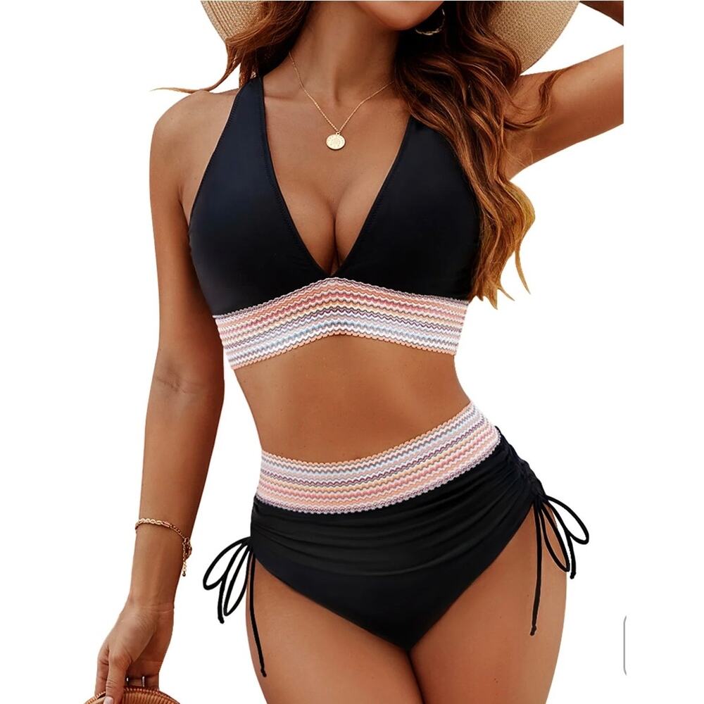 Blooming Jelly High Waisted Tummy Control Black Stripe Bikini Set Two Piece  L